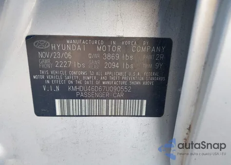 2007 Hyundai Elantra Gls/Limited/Se from USA, damaged, VIN KMHDU46D67U090552